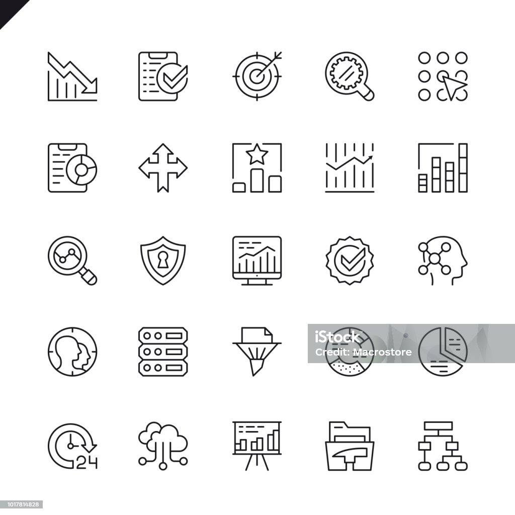 Thin line data analysis, statistics, analytics icons set Thin line data analysis, statistics, analytics icons set for website and mobile site and apps. Outline icons design. 48x48 Pixel Perfect. Linear pictogram pack. Vector illustration. Icon Symbol stock vector