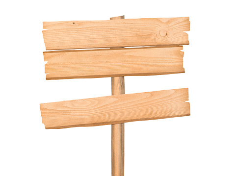 Blank wooden sign post with copy space on the pole. Signpost isolated on white, clipping path included