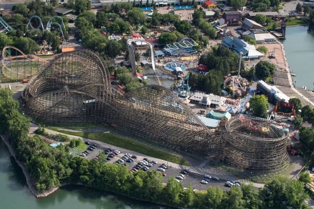 Helicopter view of La Ronde amusement park (Six Flags). Le Monstre (The Monster), a big roller coaster made of wood, takes a big part of the image. Montreal, Canada.