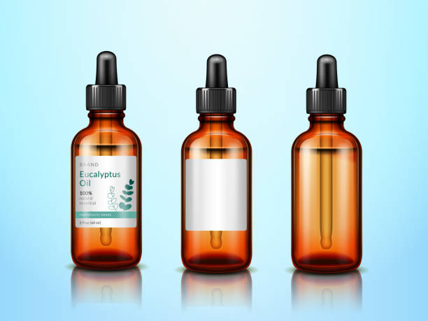 3d eucalyptus essential oil bottles with pipette 3d eucalyptus essential oil bottles with pipette. Set of realistic eucalypti extract glassware containers with medical dropper or pipet for drugstore advertising. Druggist and herb theme healthcare fitness and herbal medicine banner set stock illustrations