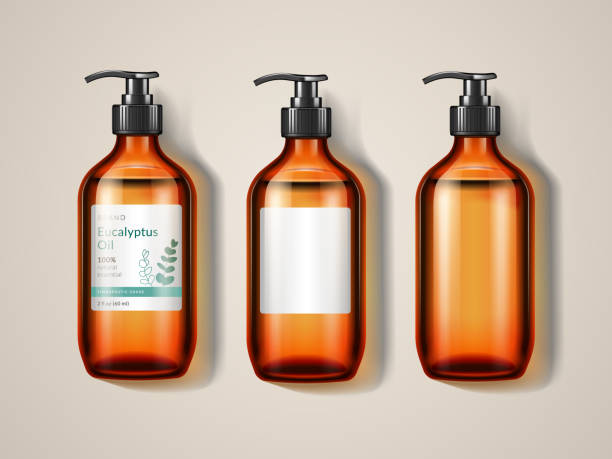 Eucalypti glassware bottle or spray. Eucalypti glassware bottle or spray. 3d eucalyptus aerosol or realistic medical container with essential oil or tropical extract. May be used for drugstore or pharmacy advertising. Inhalant theme healthcare fitness and herbal medicine banner set stock illustrations