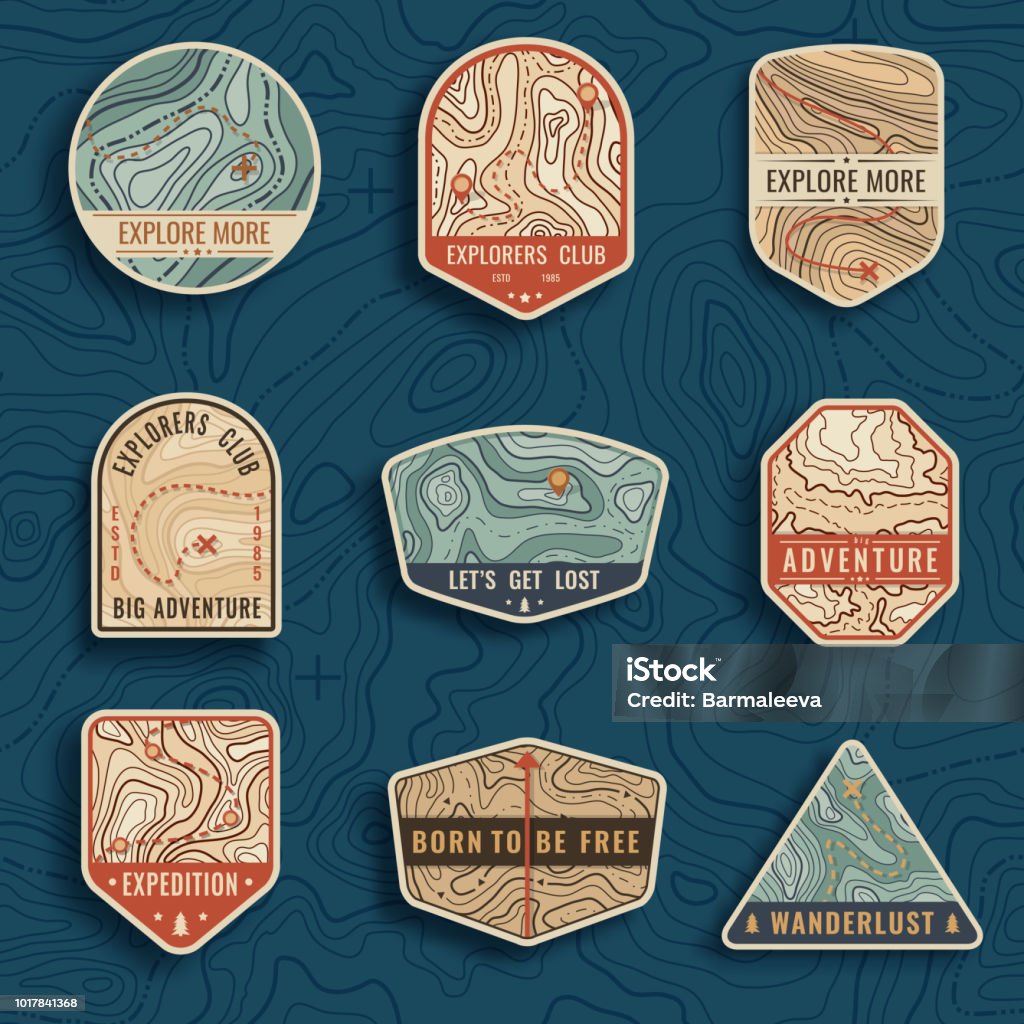 Set of nine topographic map travel emblems. Outdoor adventure emblems, badges and logo patches. Forest camp labels in vintage style. Map pattern with mountain texture and grid Set of nine topographic map travel vector emblems. Outdoor adventure emblems, badges and logo patches. Forest camp labels in vintage style. Map pattern with mountain texture and grid Logo stock vector