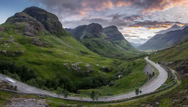 A panoramic shot of The Three Sisters in Glencoe, Scotland, which are part of the Bidian Nam Bian Munro group.