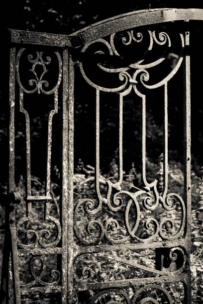 istock Derelict ornate wrought iron gate in a woodland 1017849936