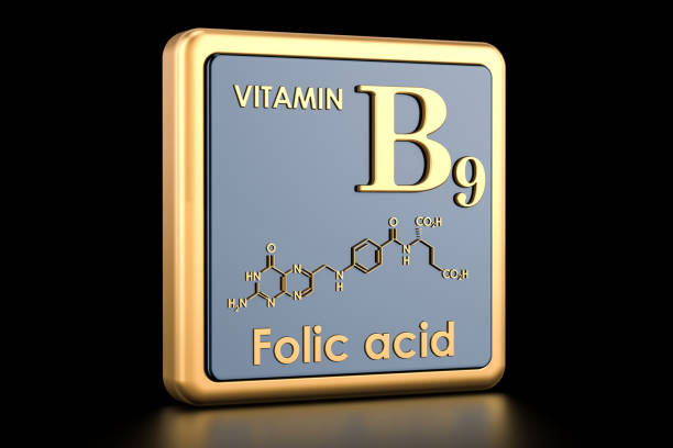 Vitamin B9, folic acid. Icon, chemical formula, molecular structure. 3D rendering Vitamin B9, folic acid. Icon, chemical formula, molecular structure. 3D rendering folic acid stock pictures, royalty-free photos & images