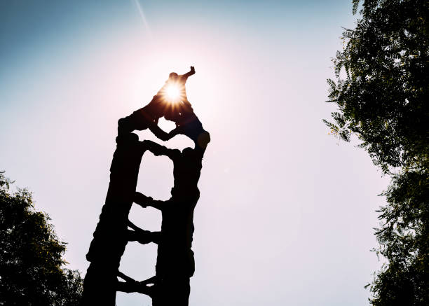 Tarragona, Spain - July 12, 2018: Silhouette of Els Castellers monument, meaning pyramid of people, built traditionally at festivals in the Catalonia region of spain