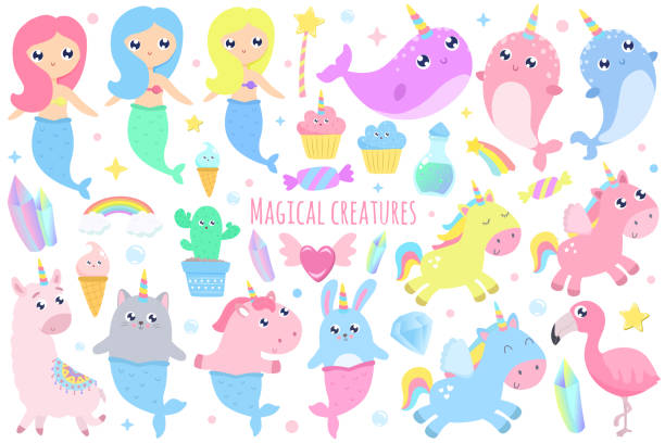 ilustraciones, imágenes clip art, dibujos animados e iconos de stock de criaturas mágicas. narval, sirena de unicornio, sirena de bunny, sirena gato, pegasus, ilustración de vector de elementos mágicos - pegasus horse symbol mythology