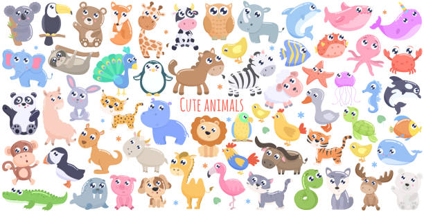 illustrations, cliparts, dessins animés et icônes de ensemble de jolis animaux. - sea lion