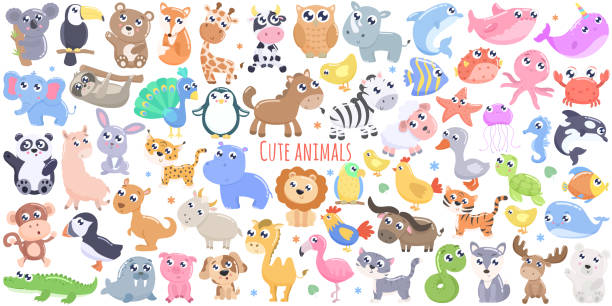 illustrazioni stock, clip art, cartoni animati e icone di tendenza di set di animali carini. - koala herbivorous marsupial mammal