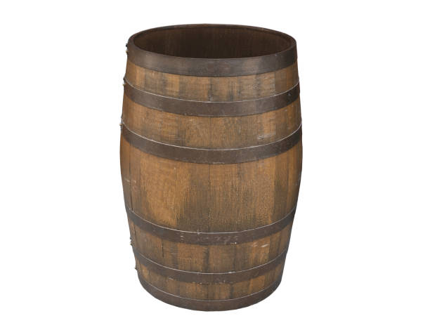 istock Open brown barrel with metal rings isolated on white background 1017879496