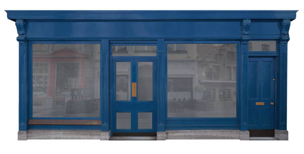 blå lackerad trä fasad från en försäljning rum, isolerad på vit bakgrund - skyltfönster bildbanksfoton och bilder