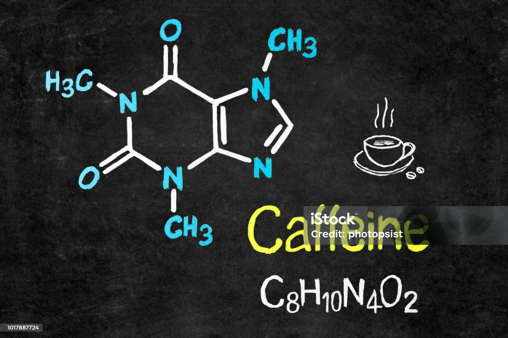 Handwritten chalk chemical formula of Caffeine on school blackboard. Art Stock Photo