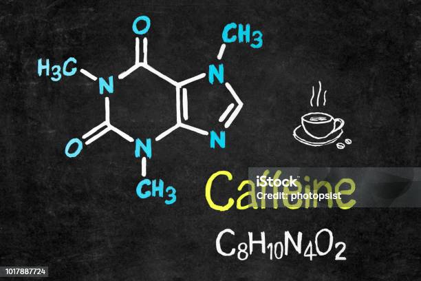 Handwritten Chalk Chemical Formula Of Caffeine On School Blackboard Stock Photo - Download Image Now
