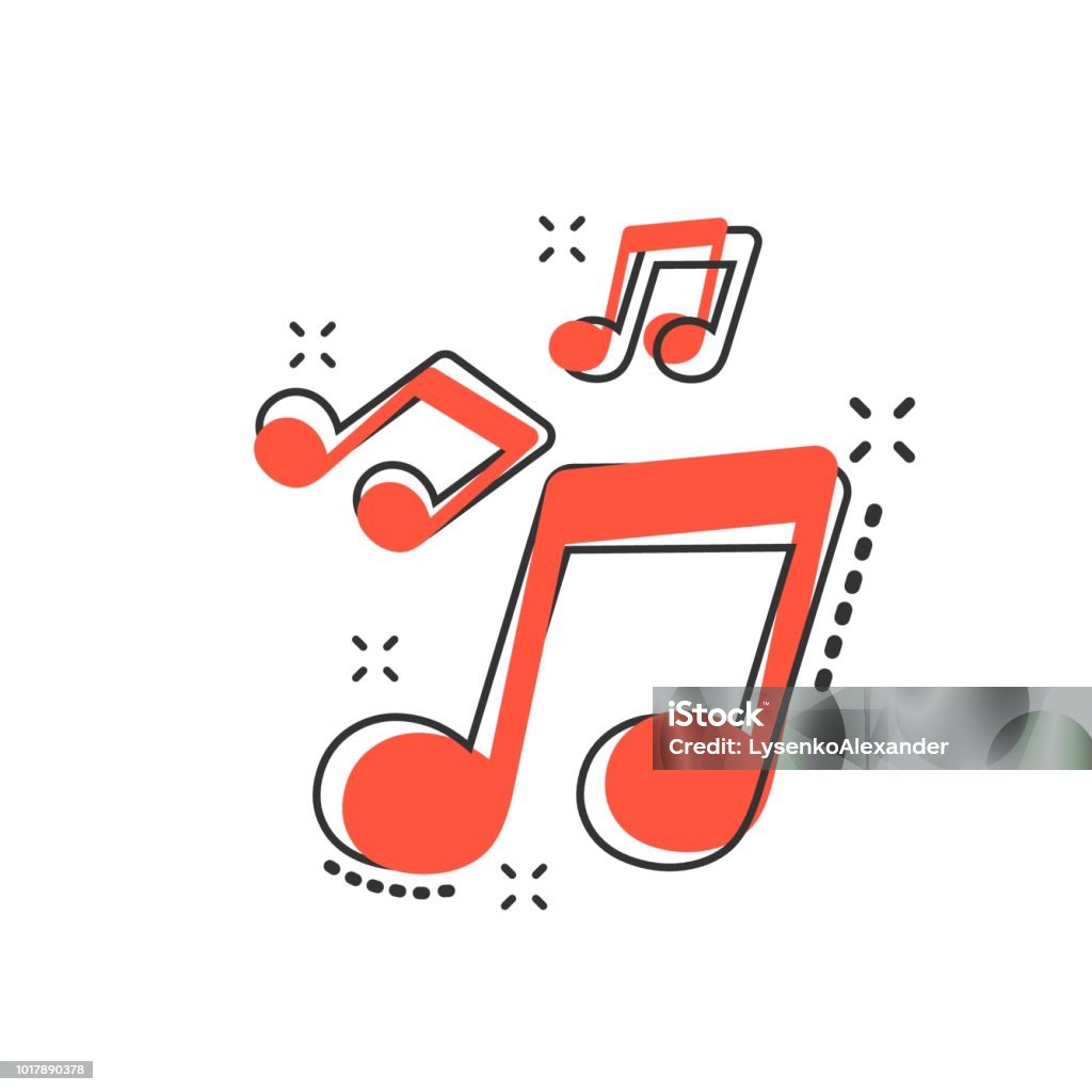 Vector cartoon music icon in comic style. Sound note sign illustration pictogram. Melody music business splash effect concept. Music stock vector