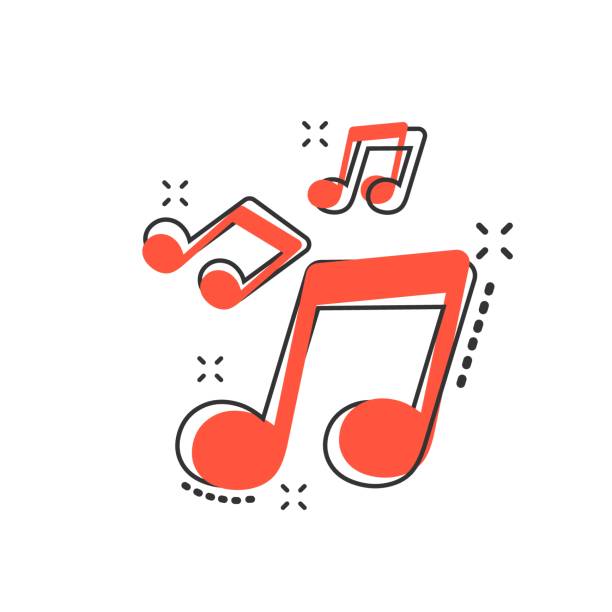 Vector cartoon music icon in comic style. Sound note sign illustration pictogram. Melody music business splash effect concept. Vector cartoon music icon in comic style. Sound note sign illustration pictogram. Melody music business splash effect concept. music icons stock illustrations