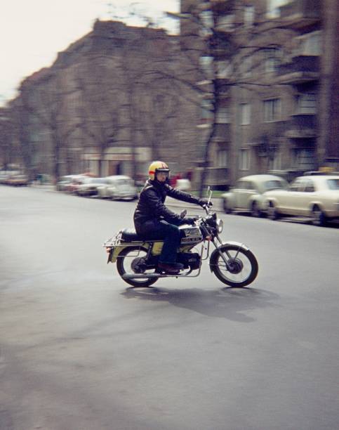 Berlin, Germany, 1976. Motorcyclist on a Kreidler Florett (Model) .