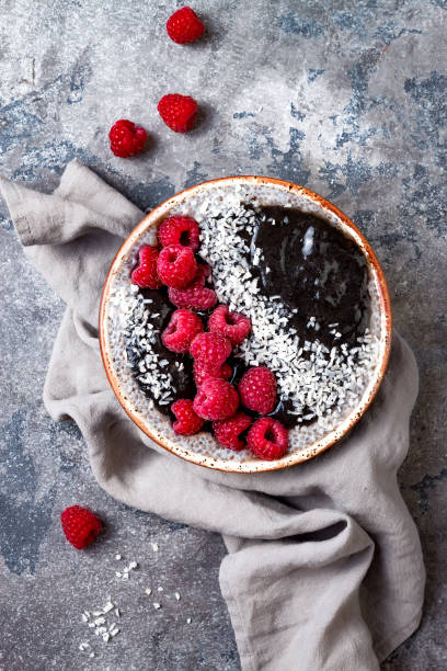 istock Activated charcoal smoothie and chia seed pudding bowl, vegan detox dessert with raspberry and coconut milk. Overhead, top view, flat lay 1017905214