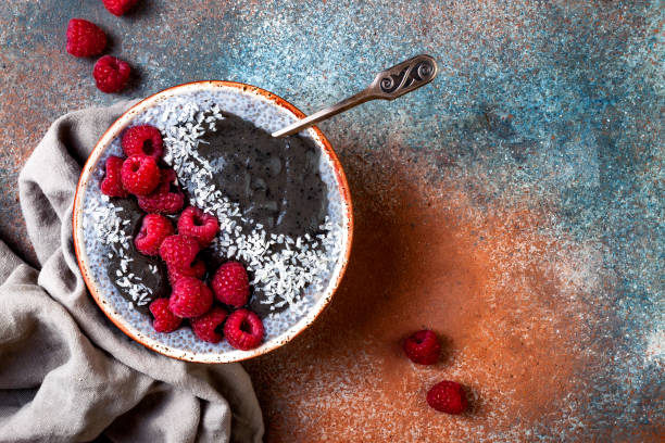 istock Activated charcoal smoothie and chia seed pudding bowl, vegan detox dessert with raspberry and coconut milk. Overhead, top view, flat lay 1017905886
