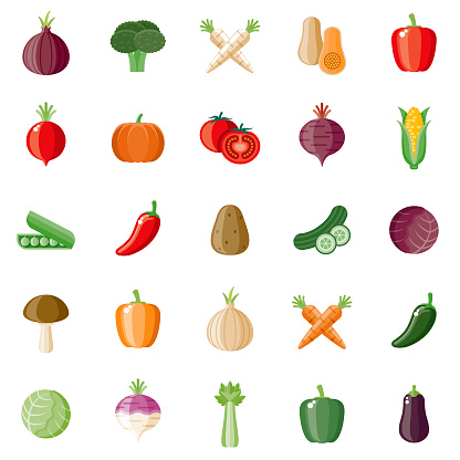 A set of flat design styled vegetables icons with a long side shadow. Color swatches are global so it’s easy to edit and change the colors. File is built in the CMYK color space for optimal printing.