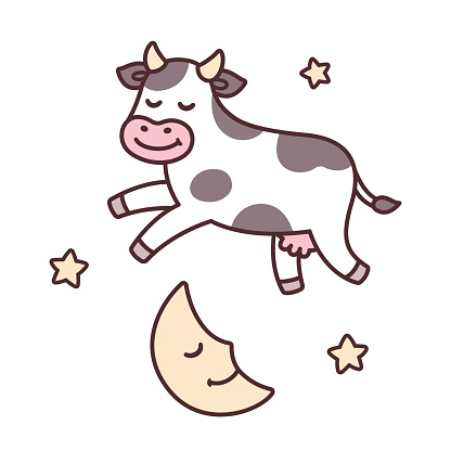 The cow jumped over the moon, from traditional nursery rhyme Hey Diddle Diddle. Cute cartoon vector illustration.
