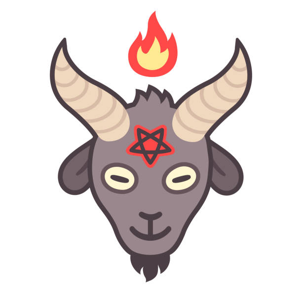 Satan goat head Cartoon style Satan drawing, goat head with pentagram and fire. Beelzebub or Baphomet, satanic symbol. Cute devil vector illustration. satan goat stock illustrations