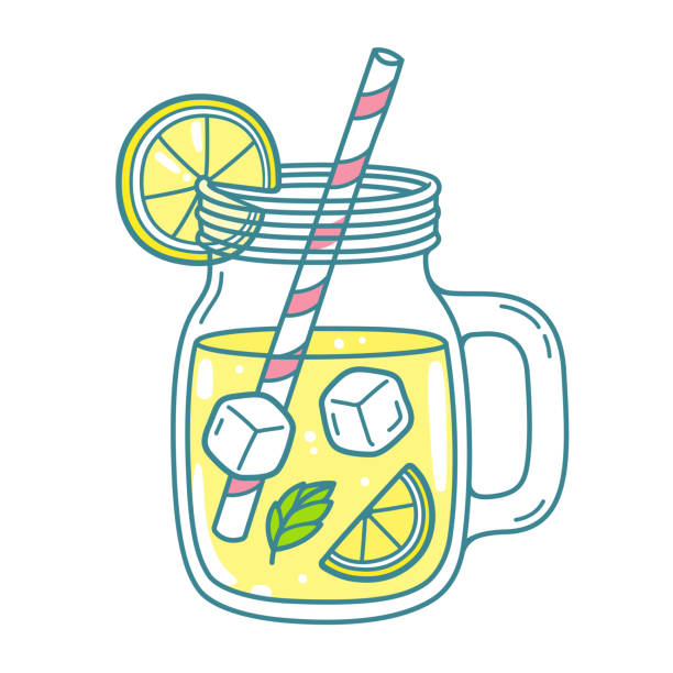 Lemonade in mason jar Lemonade in mason jar mug with drinking straw and lemon wedge. Refreshing summer drink vector clip art illustration, doodle style drawing. mason jar stock illustrations