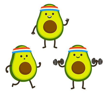 Funny heath and fitness illustration set. Cartoon avocado with sweatband jogging and lifting dumbbells. Cute sporty character drawing, cardio and weightlifting.