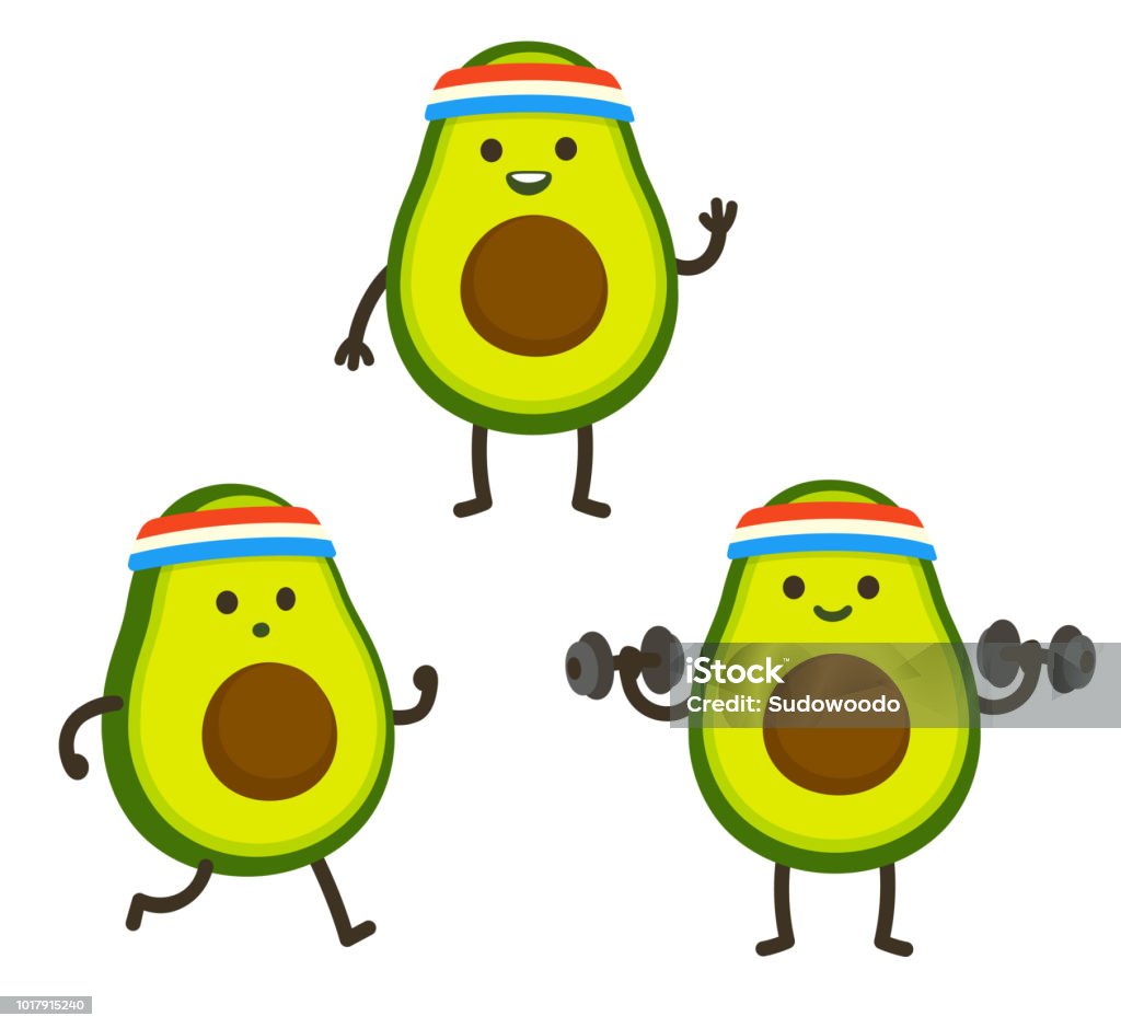 Funny cartoon avocado character Funny heath and fitness illustration set. Cartoon avocado with sweatband jogging and lifting dumbbells. Cute sporty character drawing, cardio and weightlifting. Sweat Band stock vector