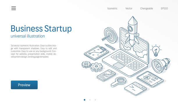 Business project startup modern isometric line illustration. Laptop rocket launch drawn sketch icon. Innovation, success creative solution concept. Business project startup modern isometric line illustration. Laptop rocket launch sketch drawn icon. Abstract 3d vector background. Innovation, success creative solution concept. Landing page template launch event illustrations stock illustrations