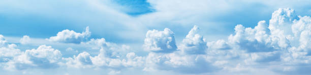 white clouds and blue sky background, panoramic angle view. bright sky and cloud, wide angle view. stratosphere meteorology climate air stock pictures, royalty-free photos & images