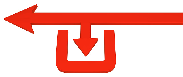 Red symbolic arrow side deposit, 3d illustration, horizontal, over white, isolated