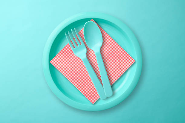 Overhead shot of blue plastic plate with Folk, Spoon, and Napkin on blue background.