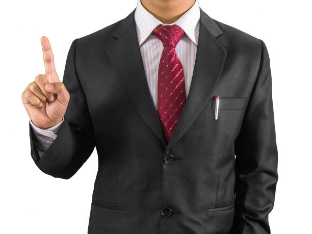 Striped pattern polyester fabric blue zipper necktie placed over display stand with touching human hand closeup shot on white background