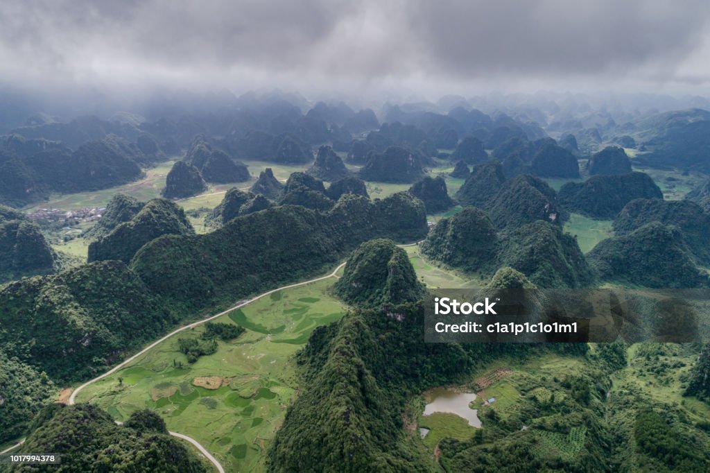 Aerial view of Karst mountains and rice fields Aerial View Stock Photo