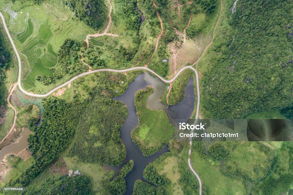 Aerial view of Karst mountains and rice fields Aerial View Stock Photo