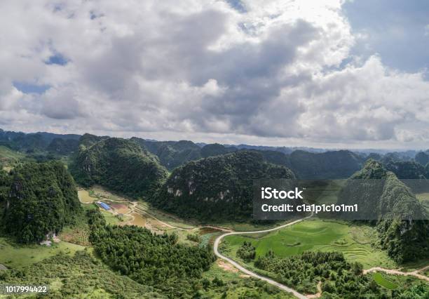 Aerial View Of Karst Mountains And Rice Fields Stock Photo - Download Image Now - Aerial View, Agricultural Field, Asia