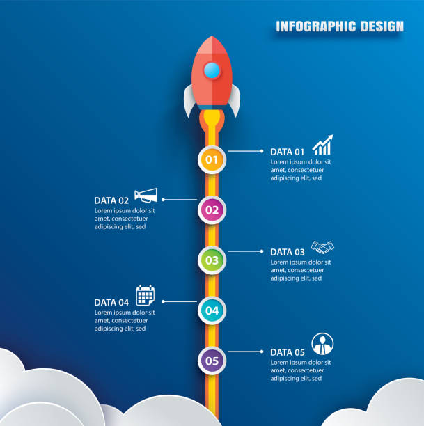 illustrazioni stock, clip art, cartoni animati e icone di tendenza di infografiche di avvio con modello di dati verticale a 5 cerchi. illustrazione vettoriale arte astratta di carta razzo su sfondo blu. può essere utilizzato per la pianificazione, la strategia, il layout del flusso di lavoro, il passaggio aziendale, il bann - business plan new business planning