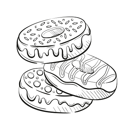 donuts with glaze and candies, cream and sweetmeats sprinkling. Sweet beautiful dessert. Clipart for a restaurant or cafe menu. Line art. Sketch style.
