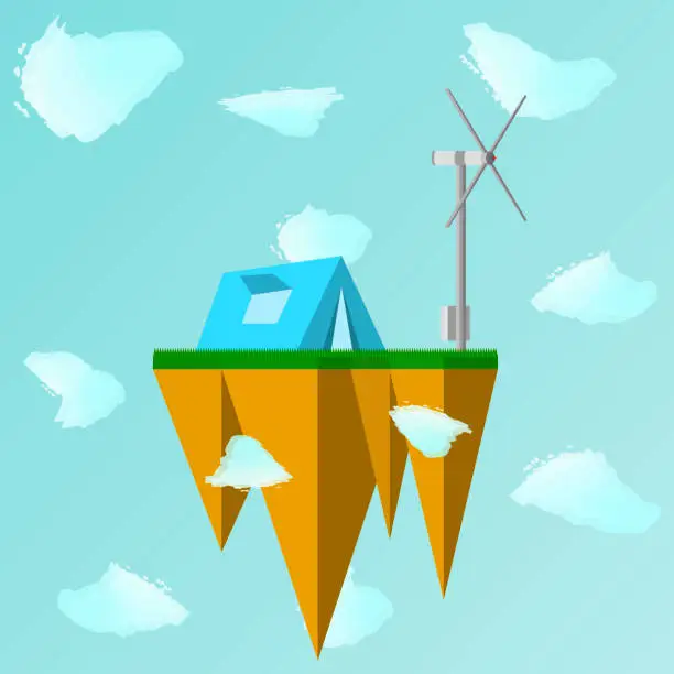 Vector illustration of Vector illustration of a floating island in the air among the clouds with a tent and a wind power plant.