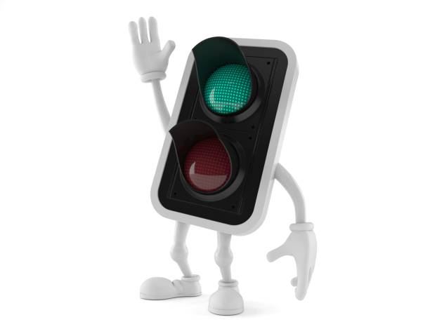 istock Green traffic light character with hand up 1018022228