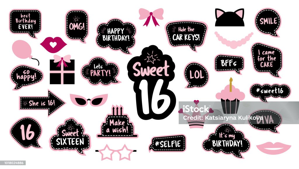 16th birthday photobooth props set for sixteen Photobooth props set for sweet sixteen 16  birthday. Happy birthday party. Funny phrases, glasses, lips, crown, cake for 16th anniversary. Bubble speech. Photo booth elements. Prop stock vector