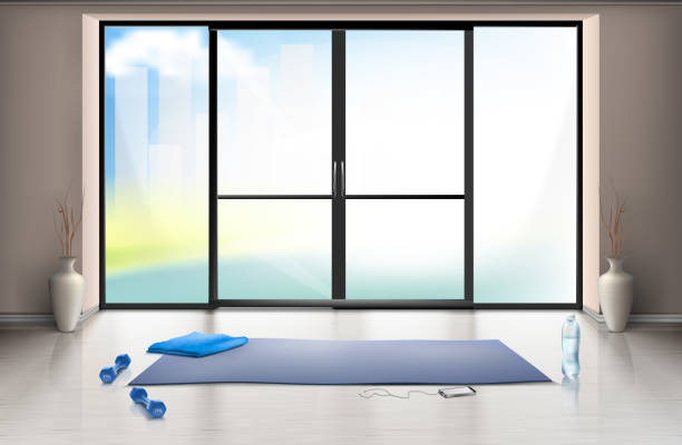 Vector mockup of empty gym hall with glass door Vector realistic mockup of empty gym hall for fitness trainings with blue yoga mat and dumbells on clean floor. Entrance room with large glass door, interior inside, template for your design gym backgrounds stock illustrations