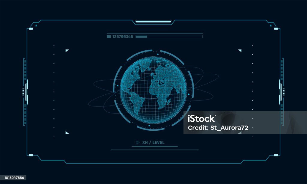 Holograma planeta na interface de usuário janela virtual touchscreen. Planeta futurista na tela de destino de painel de controle. Conceito sci fi interface para vr e jogos de vídeo. Ilustração em vetor. - Vetor de Interface gráfica do usuário royalty-free