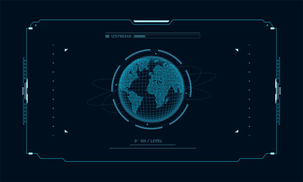 ilustrações de stock, clip art, desenhos animados e ícones de hologram planet earth in window virtual touchscreen user interface. futuristic planet on control panel target screen. concept sci fi interface for vr and video games.vector illustration. - ui