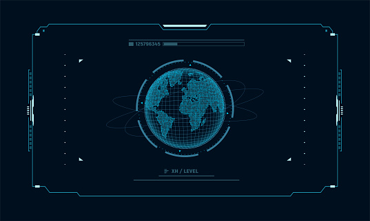 Hologram planet Earth in window virtual touchscreen user interface. Futuristic planet on control panel target screen. Concept sci fi interface for vr and video games.Vector illustration.
