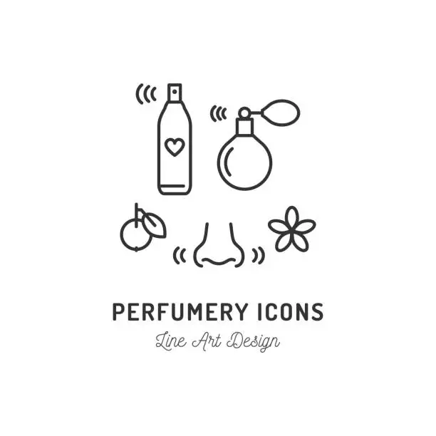 Vector illustration of Perfumery Icons. Perfume, deodorant, smelling and smell, nose. Thin line art design, Vector outline illustration