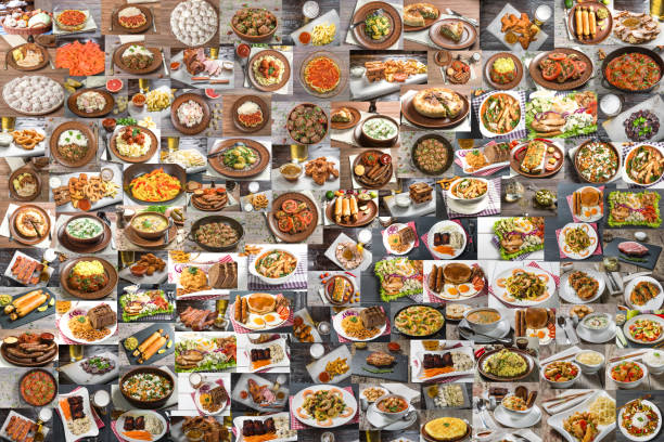 Collage of lots of food Collage of a large number of food from different countries of the world abundance stock pictures, royalty-free photos & images