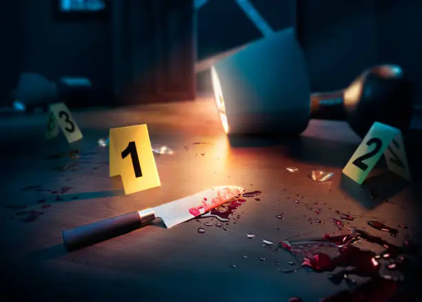 High contrast image of a bloody crime scene with knife and evidence markers on the floor