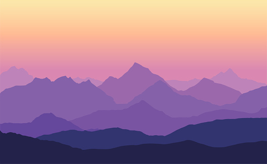 Vector illustration of mountain landscape with multiple layers, fog and yellow purple sky - with space for text