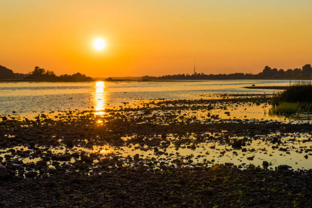 atardecer de verano sobre el río daugava, riga letonia - grand river audio fotografías e imágenes de stock